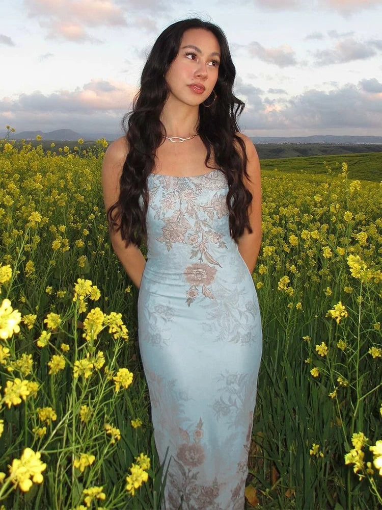 Elegant Floral Print Slips Backless Sexy Bodycon Maxi Prom Dress Summer Women Y2K Clothes Birthday Party Vacation