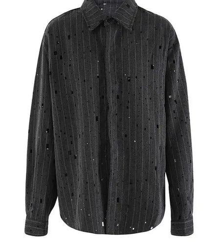 Women Dark Gray Striped Big Size Rhinestones Blouse New Lapel Long Sleeve Shirt Fashion Tide Spring Autumn 2025 CPG2428