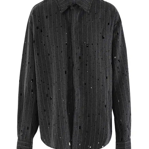 Load image into Gallery viewer, Women Dark Gray Striped Big Size Rhinestones Blouse New Lapel Long Sleeve Shirt Fashion Tide Spring Autumn 2025 CPG2428
