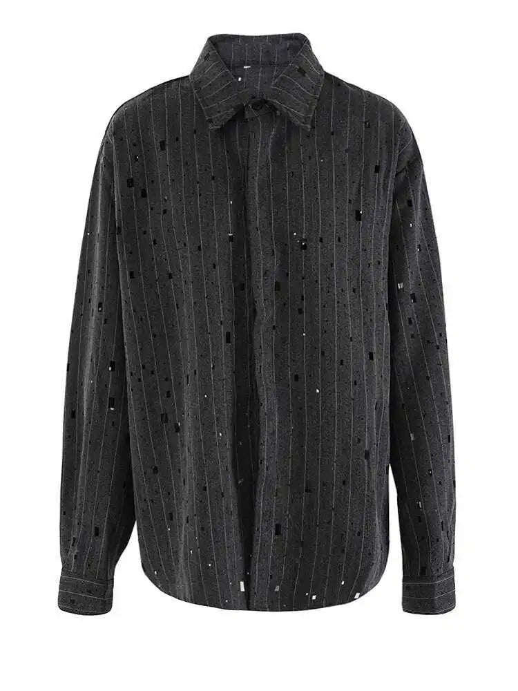 Women Dark Gray Striped Big Size Rhinestones Blouse New Lapel Long Sleeve Shirt Fashion Tide Spring Autumn 2025 CPG2428