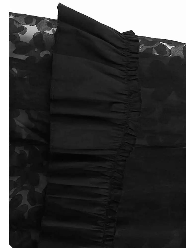 Women Black Flower Mesh Big Size Ruffles Casual Dress New Round Neck Long Sleeve Fashion Tide Spring Autumn 2025 1DH8213