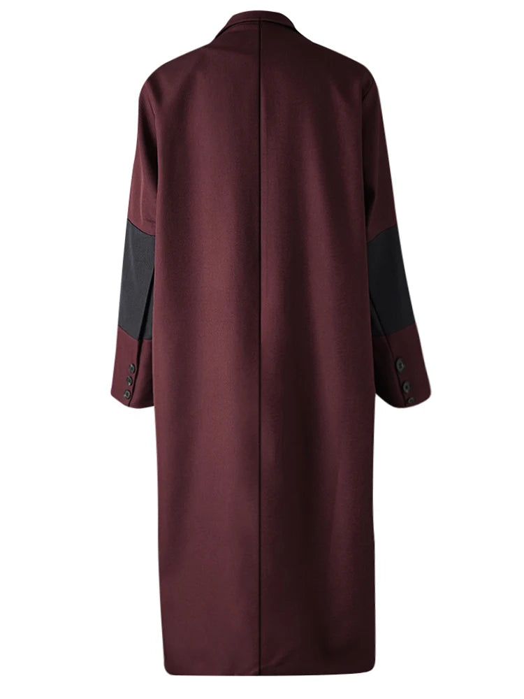 Women Red Color-block Big Size Long Elegant Blazer New Lapel Long Sleeve Jacket Fashion Tide Spring Autumn 2025 26C1609