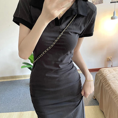 Load image into Gallery viewer, Summer Dark Grey Sexy Slim Waist Women’s Dresses French Style Polo Solid Color Casual Office Ladies Chic Fashion Dresses
