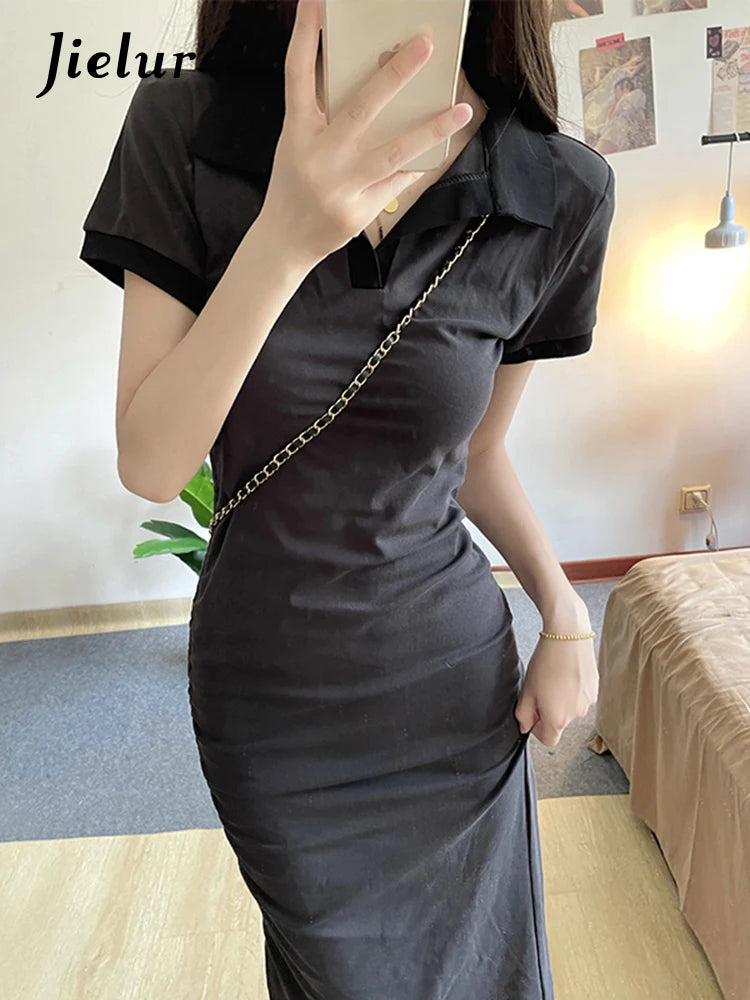 Summer Dark Grey Sexy Slim Waist Women’s Dresses French Style Polo Solid Color Casual Office Ladies Chic Fashion Dresses