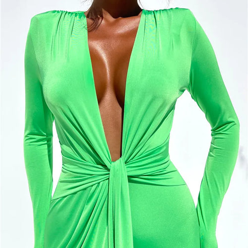 Load image into Gallery viewer, Deep V Neck Long Sleeve Split Maxi Dress Women Elegant Clubwear 2023 Autumn New Bodycon Ruched Sexy Long Dress
