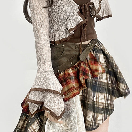 Load image into Gallery viewer, Hit Color Designer Loose Mini Skirts For Women High Waist Temperament Check Spliced Belt Skirt Female Fashion New
