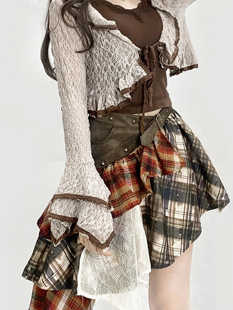 Hit Color Designer Loose Mini Skirts For Women High Waist Temperament Check Spliced Belt Skirt Female Fashion New