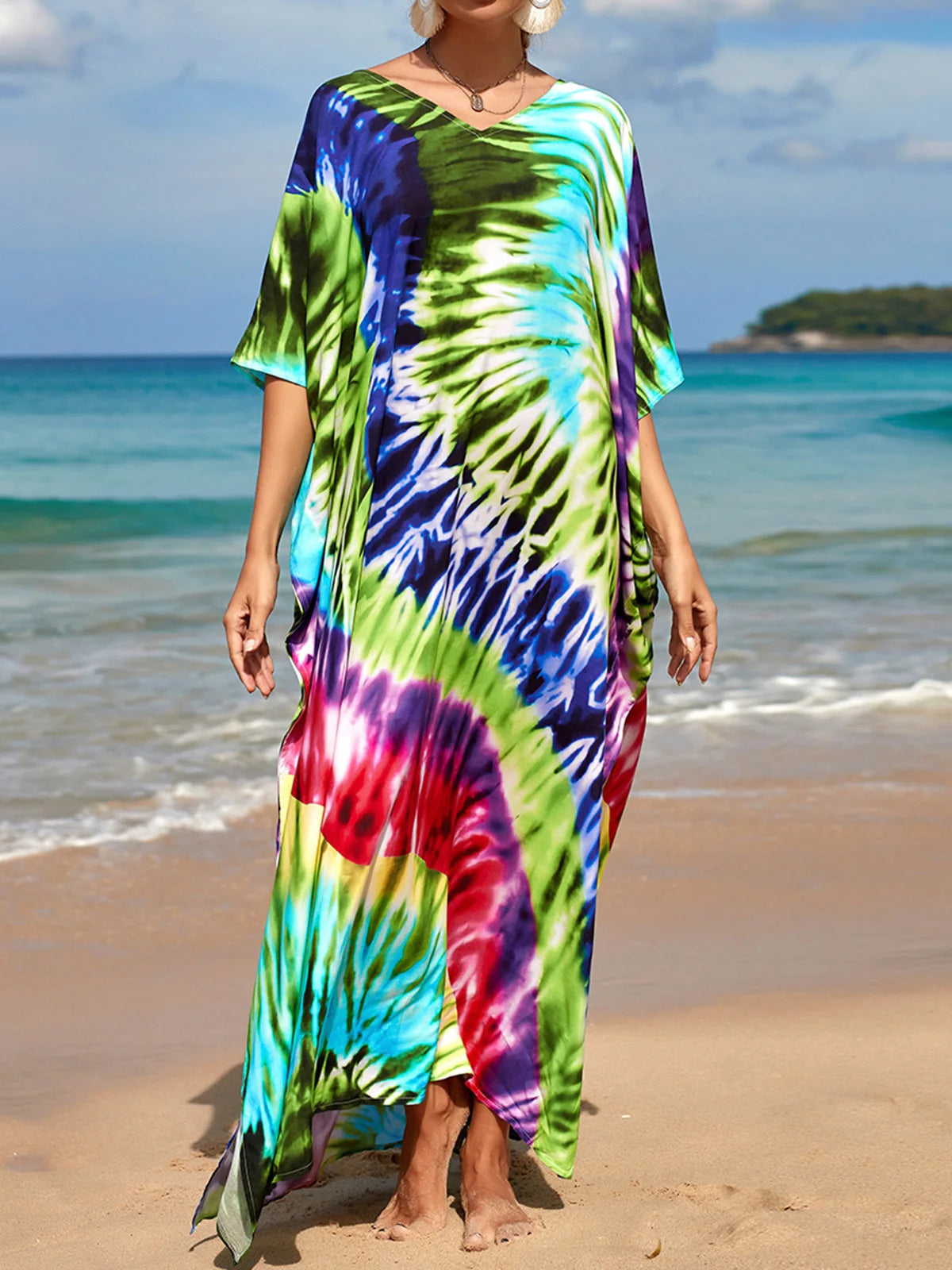 Colorful Kaftan Tunic Beach Cover Up Cover-ups Beach Dress Beach Wear Beachwear Loose Maxi Dress Female Women V4428