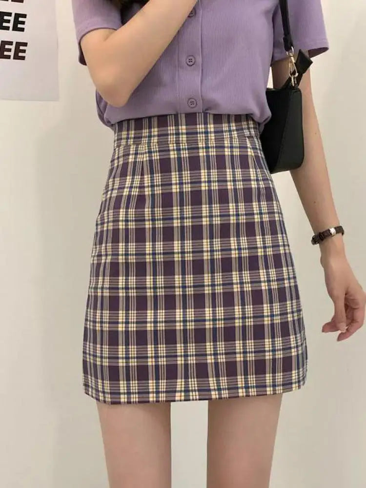 Autumn Korean Vintage Plaid Zipper A-line Short Skirt New Women Elegant High Waist Sexy Club Vacation Party Mini Half Skirt Chic