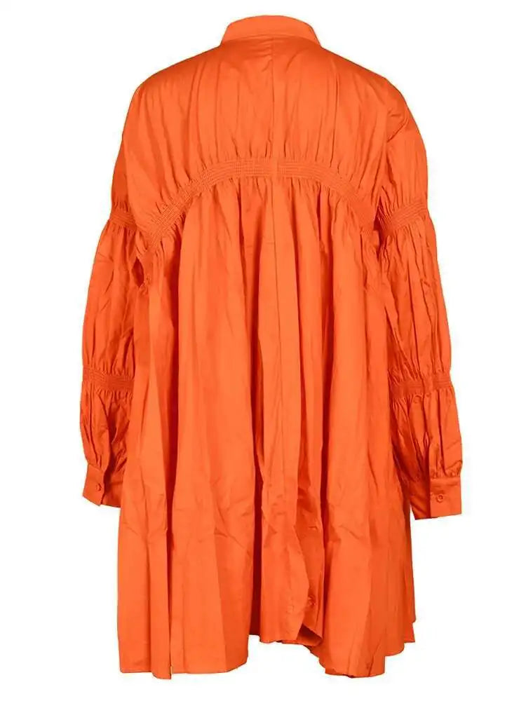 Women Orange Irregular Pleated Big Size Dress New Stand Collar Long Sleeve  Fashion Tide Spring Autumn 2025  1DF4807115