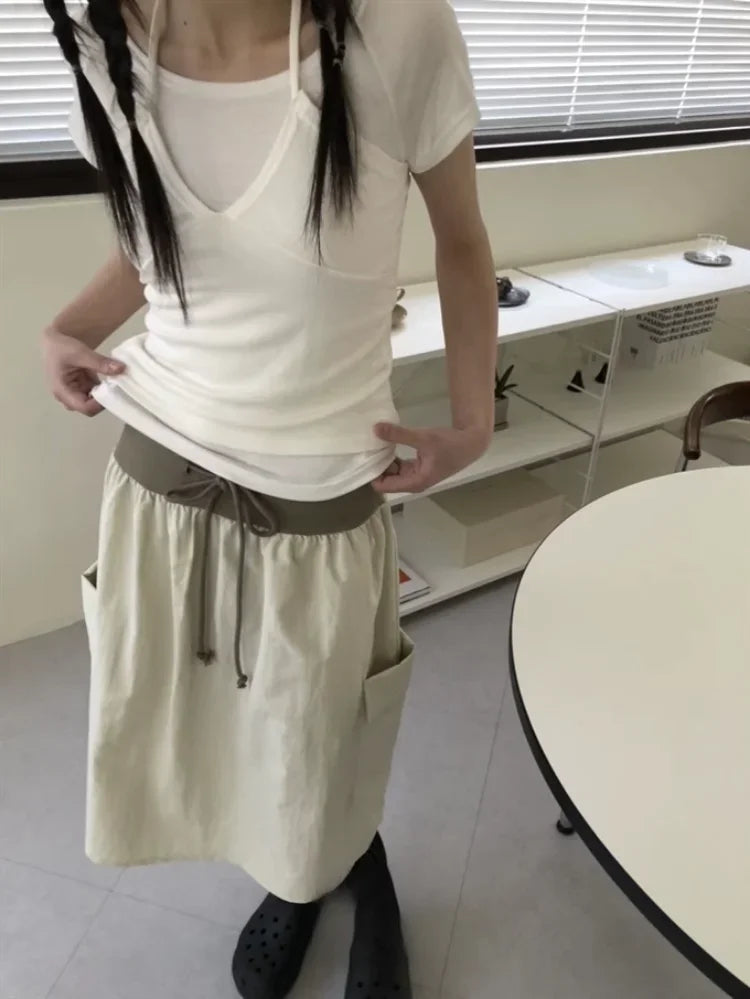 Two Pieces Set Short Sleeve T-shirt Halter Patchwork Slim Sexy Fashion Cropped Top Women Y2k  Aesthetic Summer Solid Casual Tees