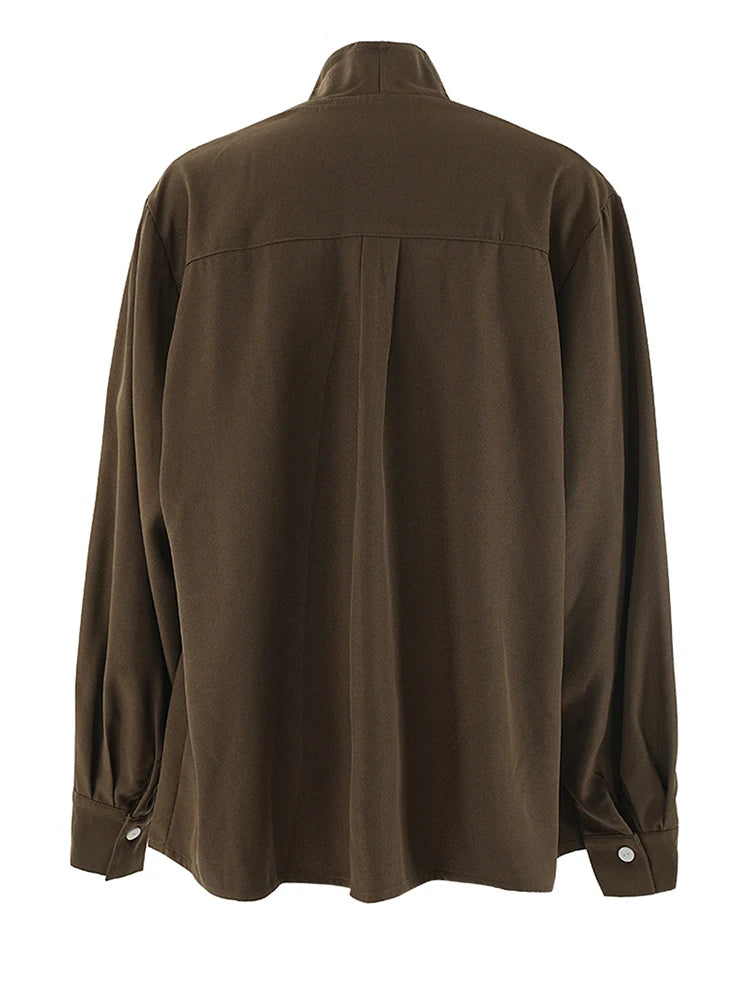 Women Brown Button Irregular Big Size Blouse New Stand Collar Long Sleeve Shirt Fashion Tide Spring Autumn 2025 CPG2111