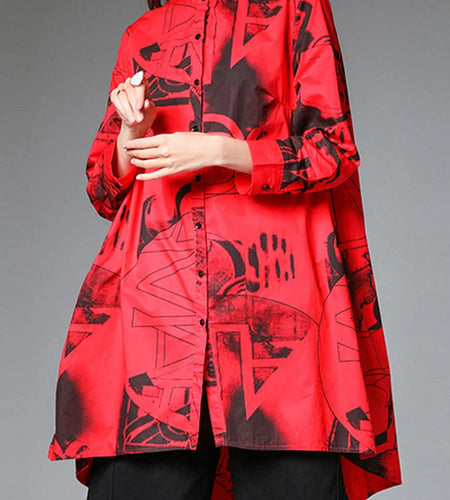 Women Red Pattern Printed Big Size Blouse New Stand Collar Long Sleeve Shirt Fashion Tide Spring Autumn 2025 1DJ1507