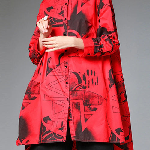 Load image into Gallery viewer, Women Red Pattern Printed Big Size Blouse New Stand Collar Long Sleeve Shirt Fashion Tide Spring Autumn 2025 1DJ1507
