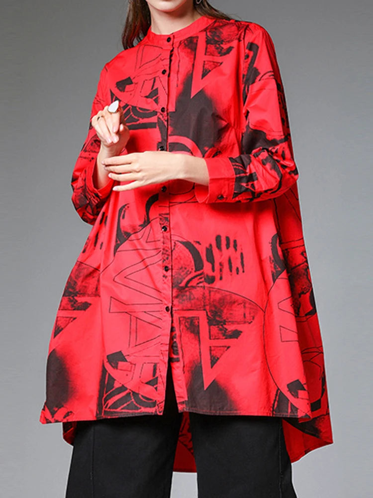 Women Red Pattern Printed Big Size Blouse New Stand Collar Long Sleeve Shirt Fashion Tide Spring Autumn 2025 1DJ1507