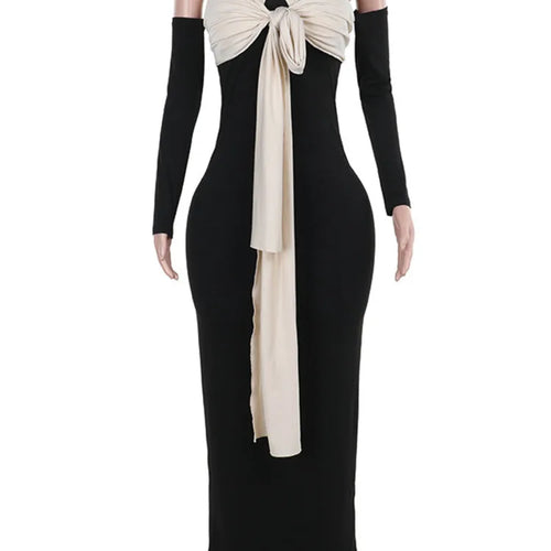 Load image into Gallery viewer, Patchwork Off-shoulder Sexy Maxi Dress For Women Gown Contrast Color Strapless Long Sleeve Bodycon Sexy Long Dress
