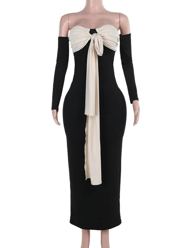 Patchwork Off-shoulder Sexy Maxi Dress For Women Gown Contrast Color Strapless Long Sleeve Bodycon Sexy Long Dress