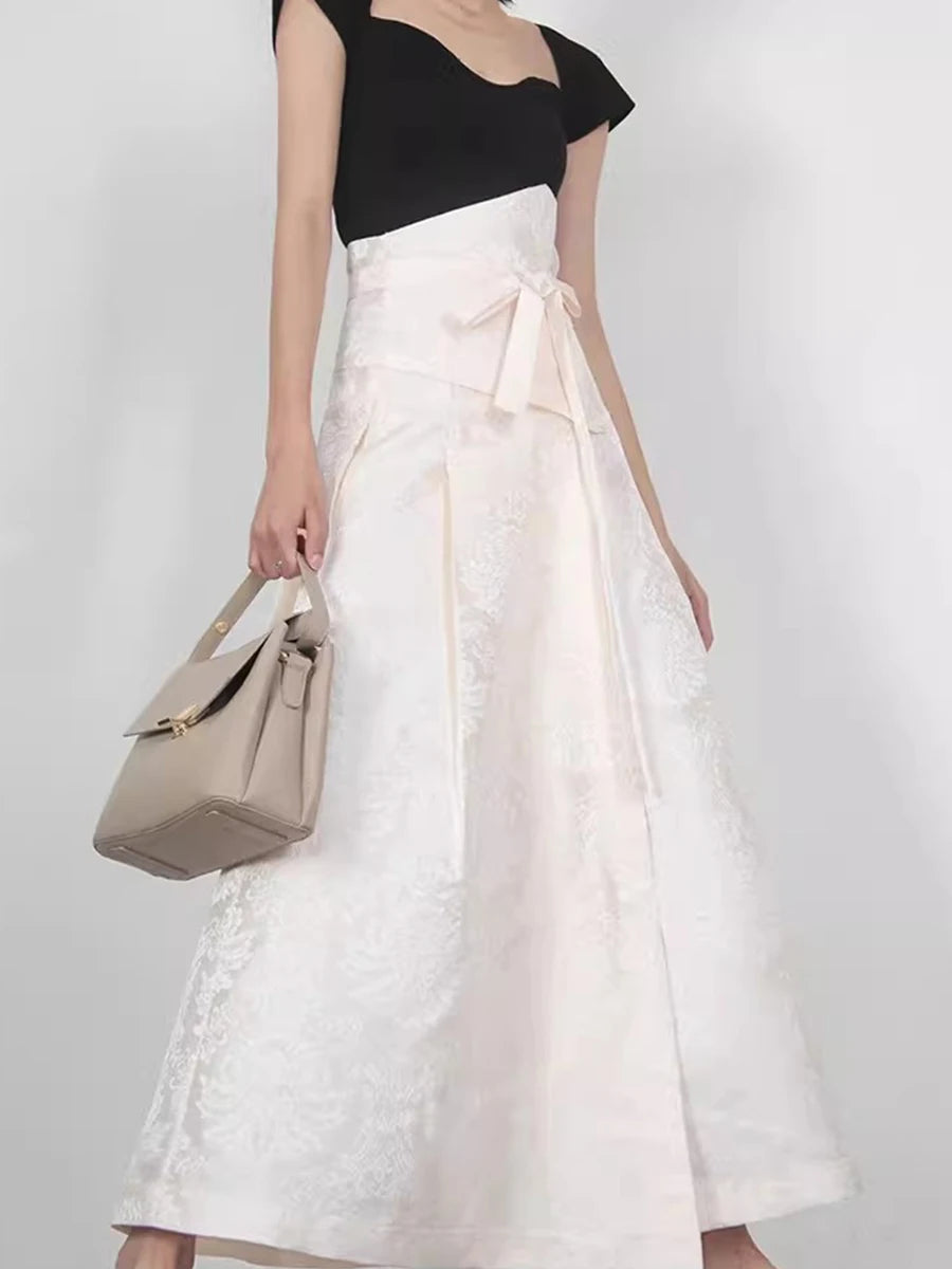 Solid Spliced Lace Up Loose Casual Skirts For Women High Waist Temperament Minimalist Skirts Female Fashion Style