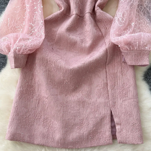 Load image into Gallery viewer, Autumn 2024 New Chinese Style Retro Elegant Long Sleeve Slim Evening Party Dresses Women Pink Sequin Patchwork Lace Short Dress
