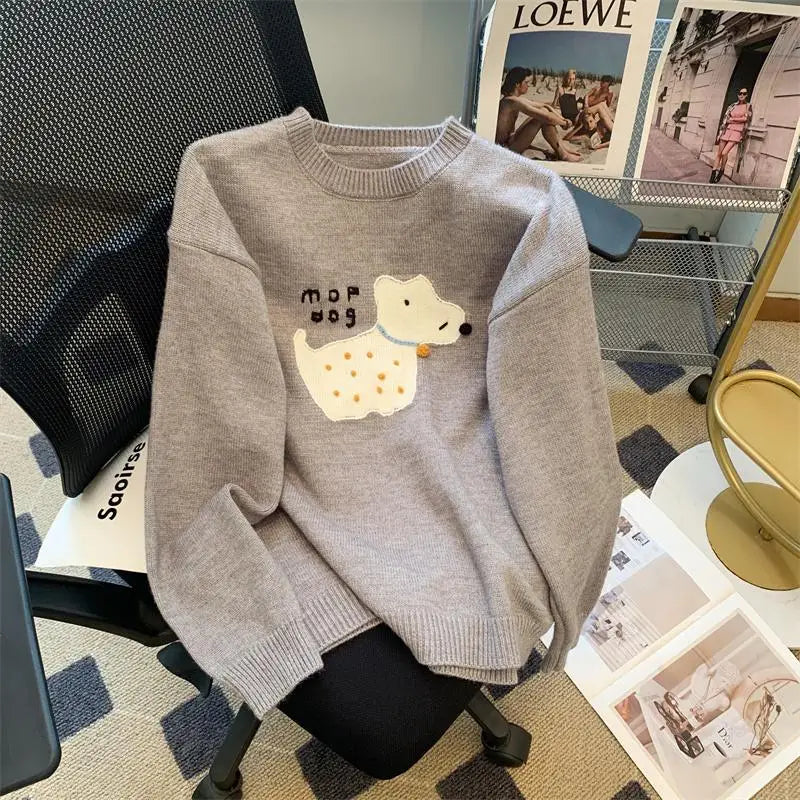 Sweet Beige Pink Puppy Embroidered Casual Sweaters Women Gray Round Neck Warm Long Sleeves Knit Pullover Tops Autumn Winter Chic