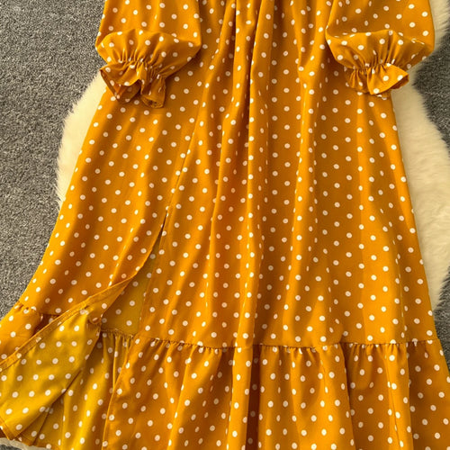 Load image into Gallery viewer, Vintage Elegant Women Yellow Dot Vacation Pleated Dress 2025 Autumn Fashion V-neck High Waist A-line Long Sleeve Party Dress New
