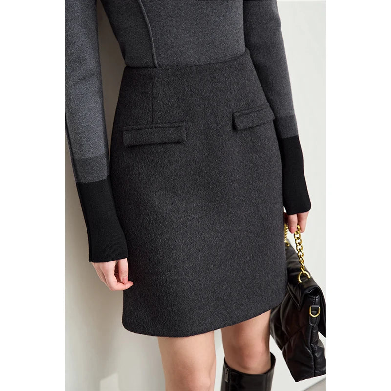 Minimalist Women's Commuter Cropped Woolen Skirts Advanced Grey Split Straight Skirt 2025 Winter Female Bottoms 12444028