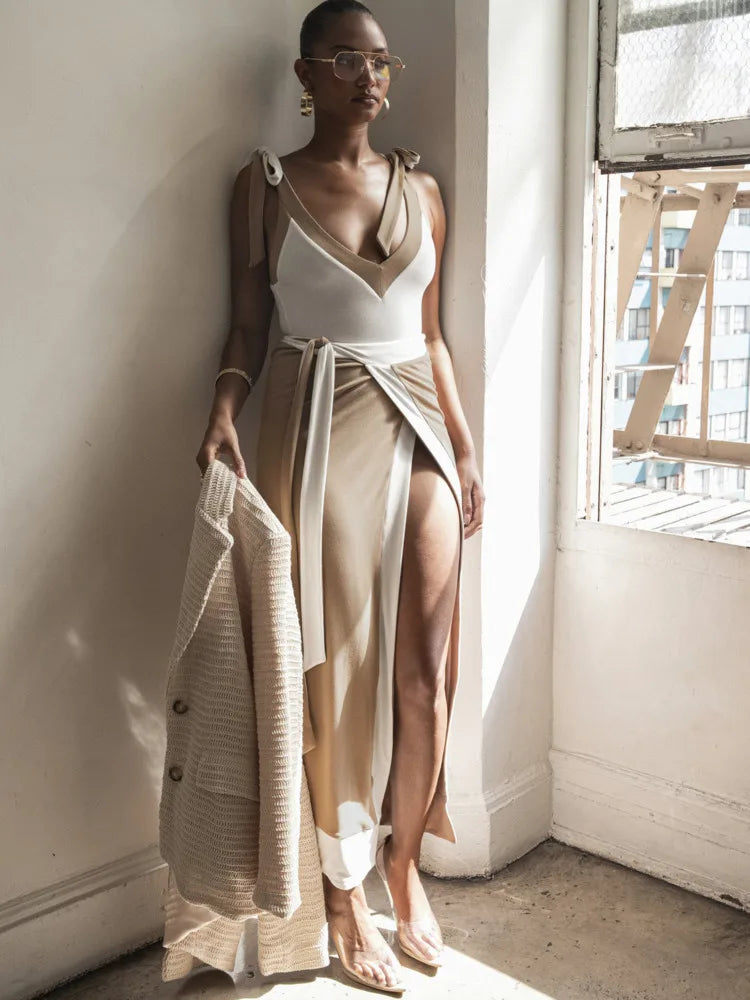 Sexy Sleeveless Deep V Tight Bobysuit Top Skirt Two-piece Set Women Patchwork Elegant Party Autumn Winter New Set 2024