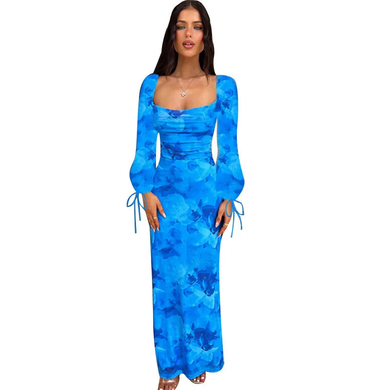 Blue Floral Print Sexy Maxi Dress For Women Gown Autumn New Square Collar Long Sleeve Lace-up Sexy Long Dress Elegant