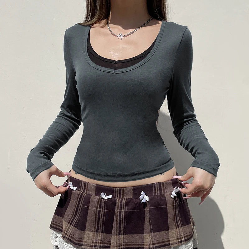 y2k Tops Women Goth Grunge Clothes Slim Fit V Neck Patchwork Long Sleeve Cropped T Shirts 2000s Clothing Streetwear