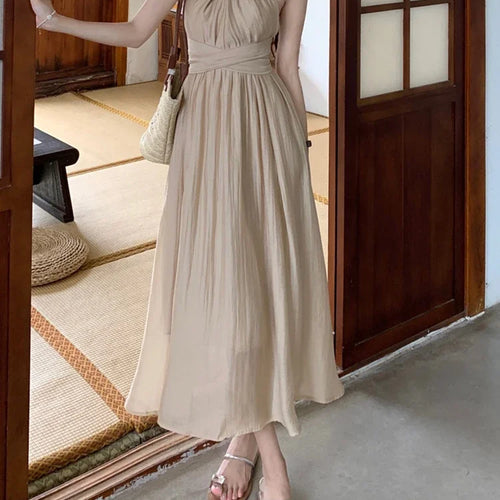 Load image into Gallery viewer, Khaki Halter Slim Waist Women&#39;s Dresses French Style Elegant Solid Color Pleated Fashion Female Dress Summer High Street
