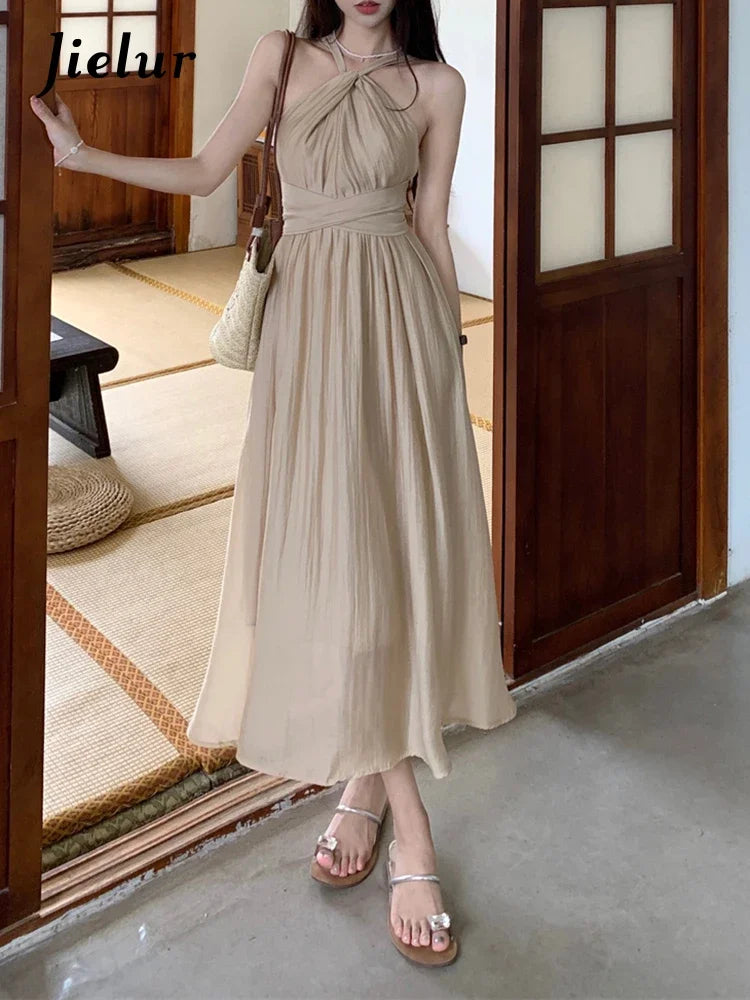 Khaki Halter Slim Waist Women's Dresses French Style Elegant Solid Color Pleated Fashion Female Dress Summer High Street