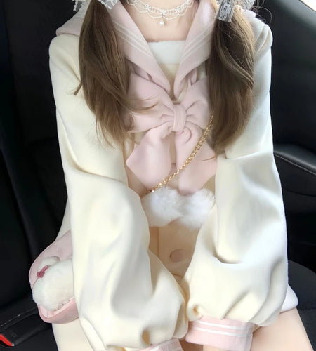Kawaii Bow Sailor Collar Coat Women Y2k Aesthetic Single Breasted Jackets Sweet JK Lolita Trench Blends Coats Femme Autumn 2025