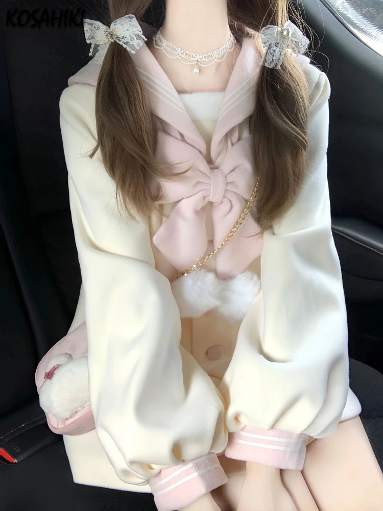 Kawaii Bow Sailor Collar Coat Women Y2k Aesthetic Single Breasted Jackets Sweet JK Lolita Trench Blends Coats Femme Autumn 2025
