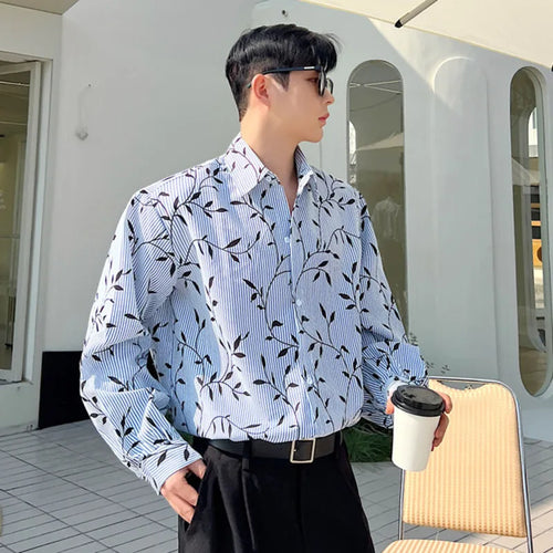 Load image into Gallery viewer, Striped Men's Shirts Long Sleeves Korean New Fashion Leaf Printed Male Single Breasted Male Clothing Lapel Shirt 9W1404
