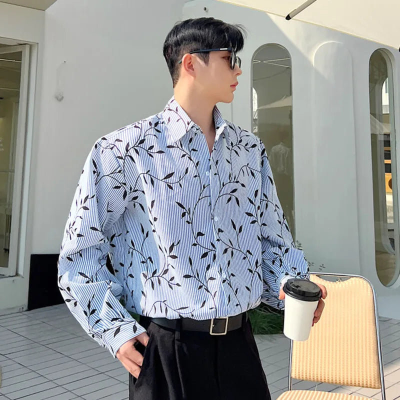 Striped Men's Shirts Long Sleeves Korean New Fashion Leaf Printed Male Single Breasted Male Clothing Lapel Shirt 9W1404