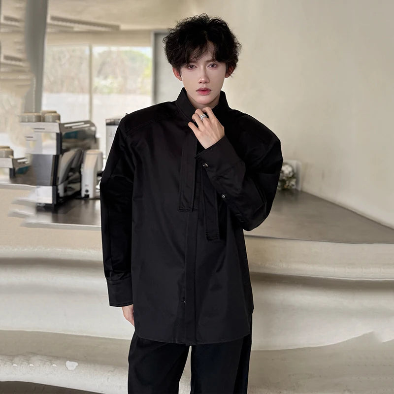 Men's Shirts Long Sleeve New Summer Korean Style Personalized Ribbon Design Turn-down Collar Solid Color Male Top 9W1753