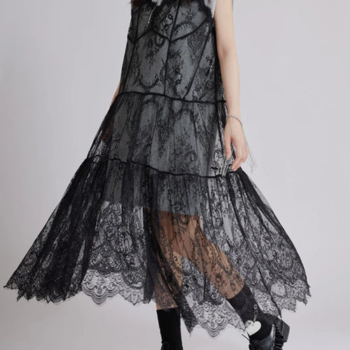 Load image into Gallery viewer, Women Gray Lace Perspective Big Size Midi Dress New Round Neck Short Sleeve Fashion Tide Spring Summer 2025 1DJ1429
