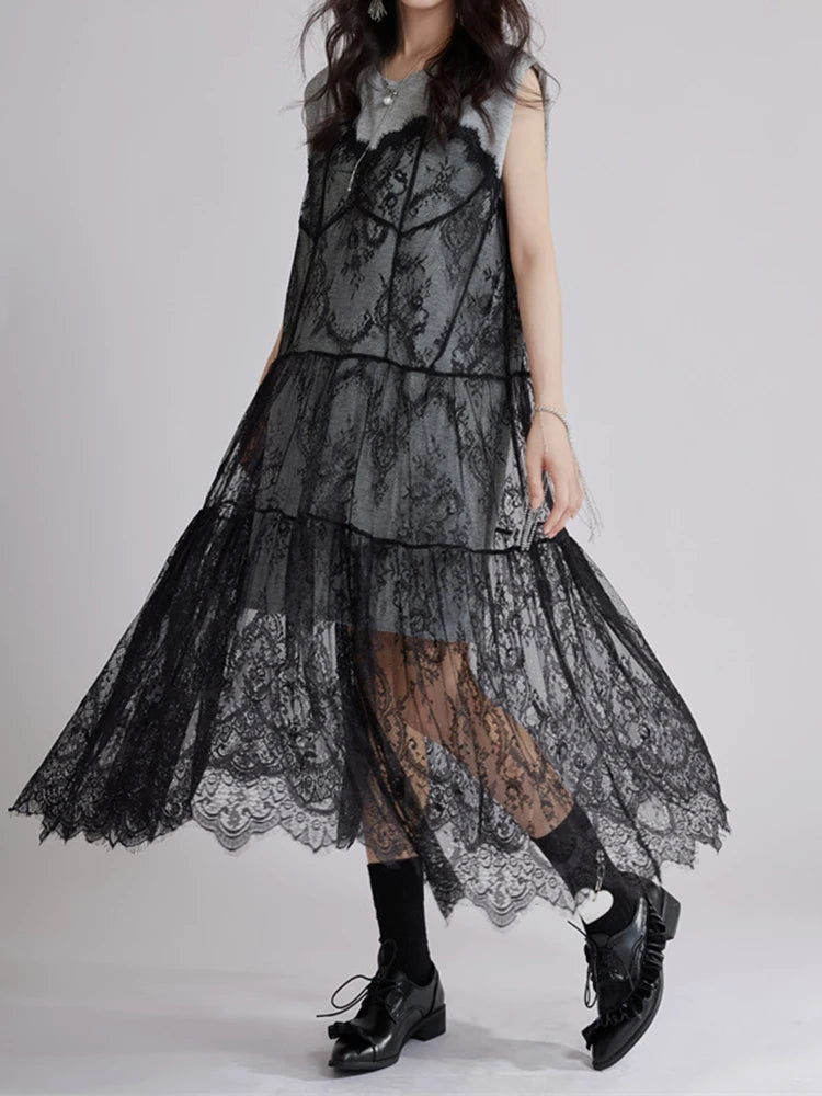 Women Gray Lace Perspective Big Size Midi Dress New Round Neck Short Sleeve Fashion Tide Spring Summer 2025 1DJ1429