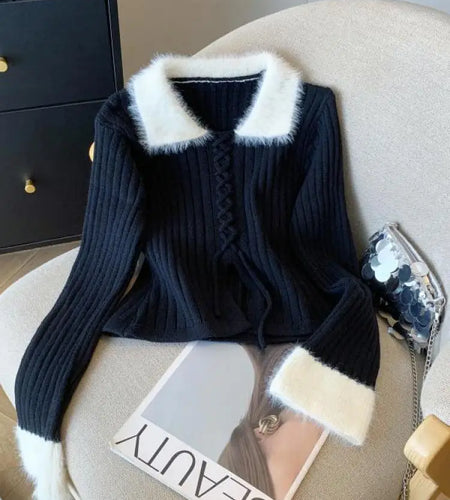 French Fashion Women Black Beige Patchwork Elegant Long Sleeve Sweaters 2024 New Autumn Winter Vintage Lace-up Knit Cotton Tops