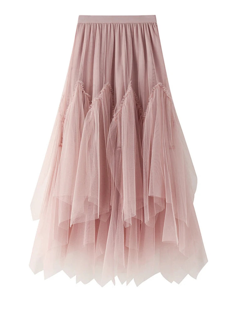 High Elastic Waist Green Irregular Pleated Mesh A-line Half-body Skirt Women Fashion Tide New Spring Autumn 2025 1DJ0436