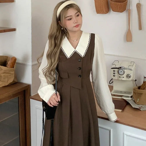 Load image into Gallery viewer, Preppy Style Vintage School Student Dress Women Retro Design Kawaii Brown Long Sleeve Midi Party Dresses Autumn
