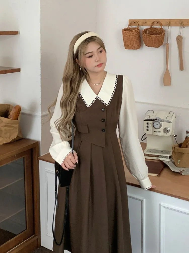 Preppy Style Vintage School Student Dress Women Retro Design Kawaii Brown Long Sleeve Midi Party Dresses Autumn