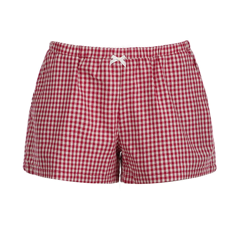 Casual Cotton Red Plaid Shorts Women Bow Korean Fashion Y2K Short Pants Cutecore Homewear Bottoms Checkered Clothing