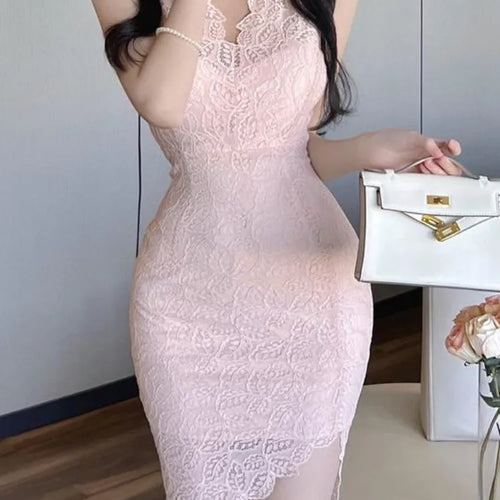 Load image into Gallery viewer, Sexy Lace Pink Mini Dress Summer Bodycon Wrap Slin Sheath Short Dreses Evening Party Offcie Ladies
