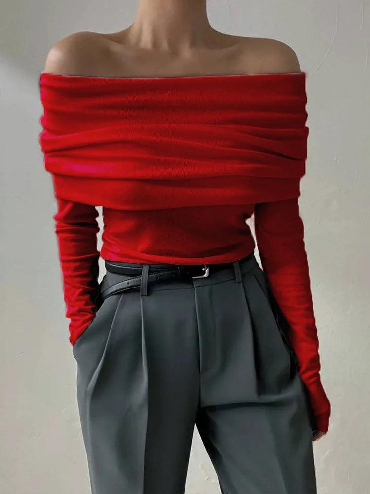 Elegant Knitted Long Sleeve Sweater High Elasticity Slim Top For Women 2025 New Winter Sexy One Shoulder Tight Sweater