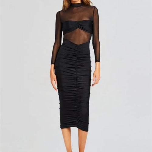 Load image into Gallery viewer, Sheer Long Sleeve Ruched Sexy Maxi Dress Women Fashion Half High Collar See Through Backless Bodycon Sexy Long Dress
