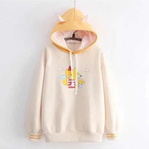 Load image into Gallery viewer, Harakuju Cartoon Fox Print Casual Pullover Hoodies Women Winter Long Sleeve Hooded Sweatshirt Girly Loose Female Fleece Top
