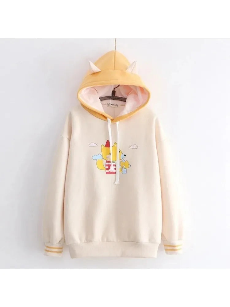 Harakuju Cartoon Fox Print Casual Pullover Hoodies Women Winter Long Sleeve Hooded Sweatshirt Girly Loose Female Fleece Top