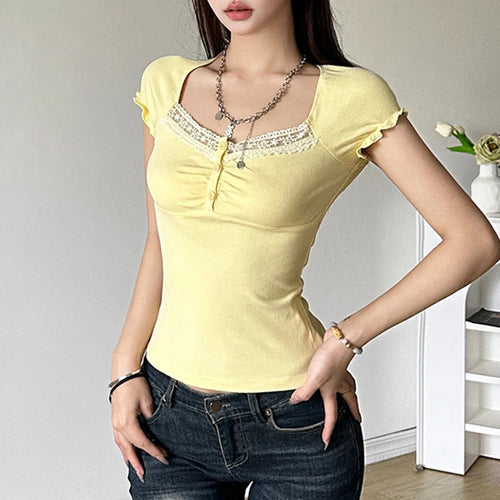 Load image into Gallery viewer, Korean Fashion Yellow Folds Lace Trim Women T-shirts Buttons Cutecore Kawaii Cropped Top Basic Frills Tee Clothes Y2K
