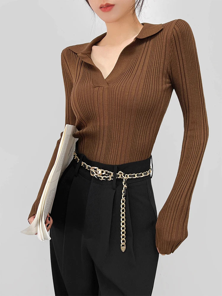 Spring Autumn Lapel Slimming Tops Ladies Sexy V Neck Long Sleeve Soft Bodycon Pullovers C-007